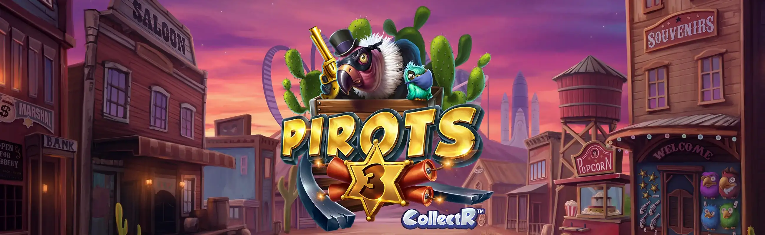 Banner ufficiale di Pirots 3 con i pappagalli nel Far West