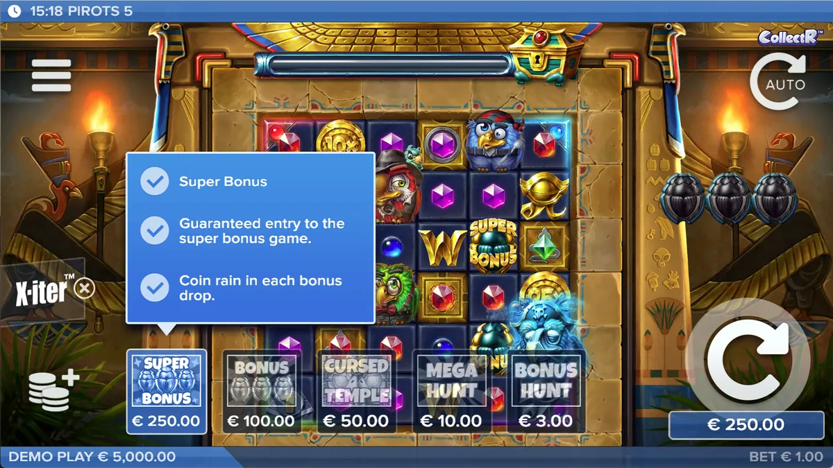 Il menu X-iter di Pirots 5 con i cinque acquisti bonus